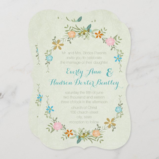 Invitation Monnaie Colorée Garland Wreath Forest Wedding Invi (Devant / Derrière)