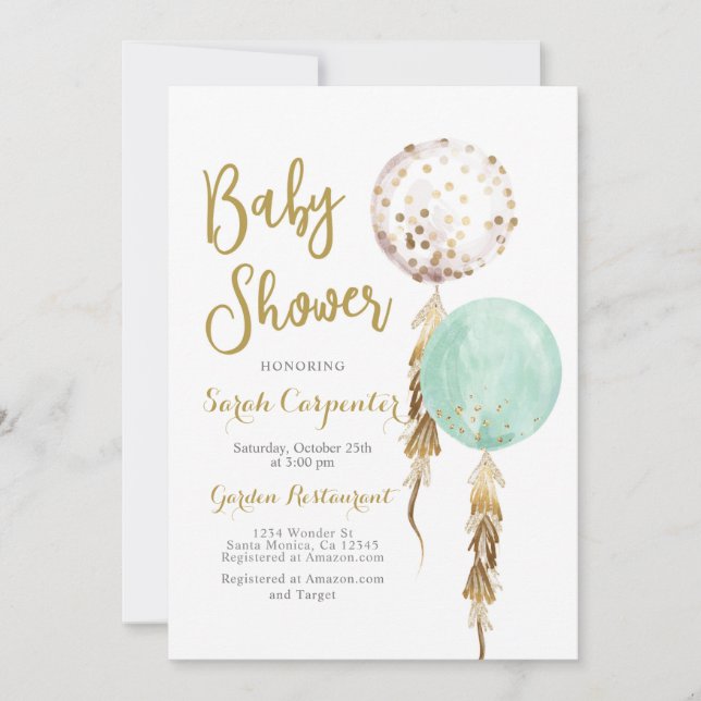 Invitation Monnaie d'Baby shower neutre et ballons d'or (Devant)