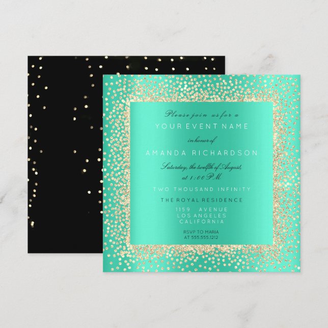 Invitation Monnaie de Confetti Noir minimum Champaigne Aqua (Devant / Derrière)