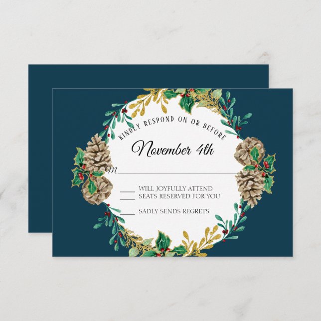 Invitation Monnaie de Noël d'or RSVP Red Holly Leaf Wreath (Devant / Derrière)
