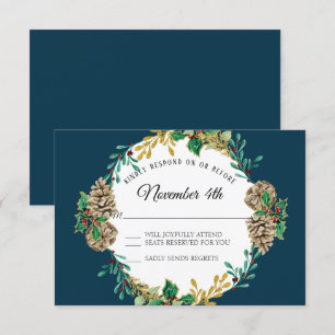 Invitation Monnaie de Noël d'or RSVP Red Holly Leaf Wreath