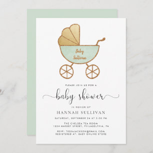Invitation Monnaie d'or minimal Retro Carriage Mint Baby show