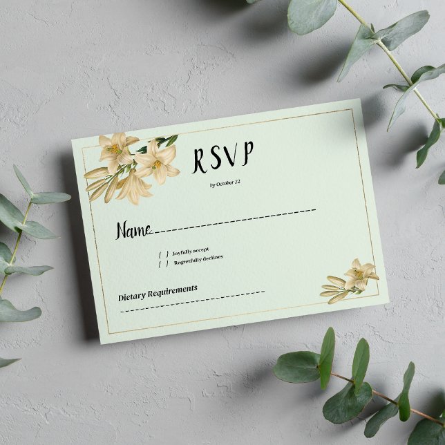 Invitation Monnaie d'or vert blanc fleur de lys RSVP (Gold ivory mint green white lily flower RSVP)