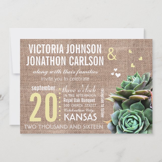 Invitation Monnaie et Jaune Succulent Mariage moderne (Devant)