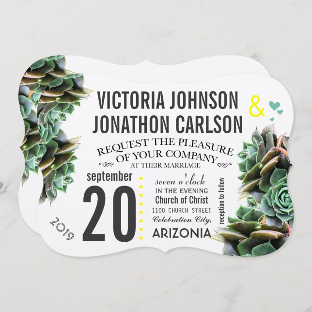 Invitation Monnaie et Jaune Succulent Mariage moderne (Devant / Derrière)