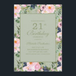 Invitation Monnaie florale rose pâle Vert 21e anniversaire<br><div class="desc">Belle et élégante couleur rose vif et bleu marine aquarelle fleurie sur vert menthe 21e anniversaire invitation pour les femmes. Contactez-nous pour obtenir de l'aide sur la personnalisation ou la mise en correspondance des produits</div>
