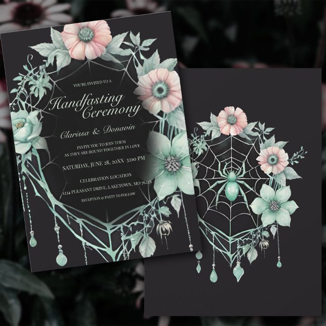 Invitation Monnaie Gothique Araignée Verte Floral Web Handfas (Gothic Handfasting Invitation Floral Spiderweb in Mint Green and Blush Pink)