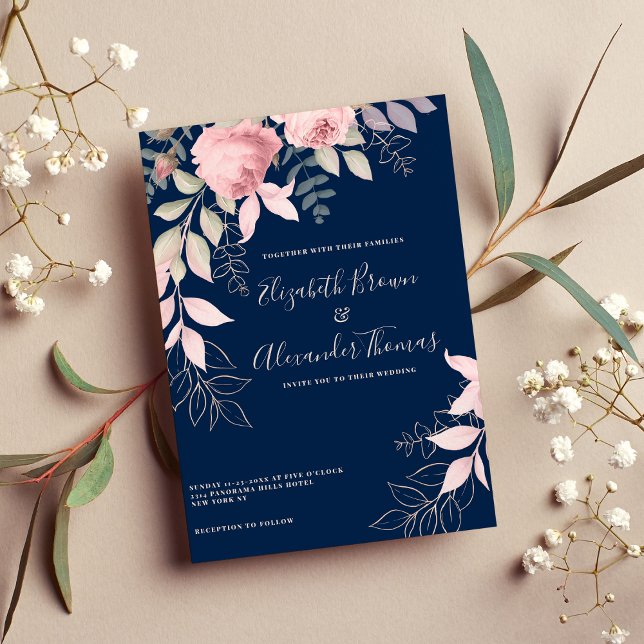 Invitation Monnaie rose bleu marine rose feuille mariage (Pink mint navy blue roses leaves floral wedding)