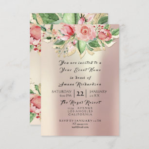 Invitation Monnaie Rose Champaigne or Floral Aquarelle Pearl