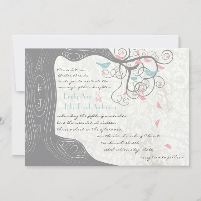 Invitation Monnaie rose pâle et Mariage de lovebird gris (Devant)