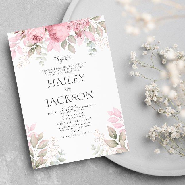 Invitation Monnaie rose pâle et mariage floral magnolia blanc (Blush pink mint and white magnolia floral wedding invitation)
