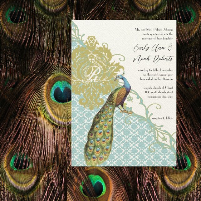 Invitation Monnaie Rustique Romantique Peacock Mariage damass (Créateur téléchargé)
