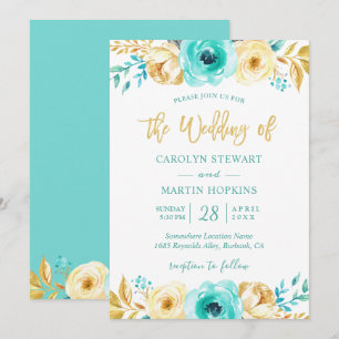 Invitation Monnaie Turquoise Or Floral Romantique Chic Mariag