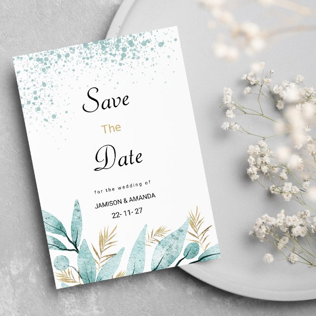 Invitation Monnaie vert or aquarelle feuillage Enregistrer la (Mint green gold watercolor foliage Save The Date)