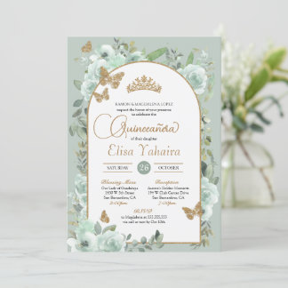 Invitation Monnaie Vert Sage Floral Or Papillon Quinceañera