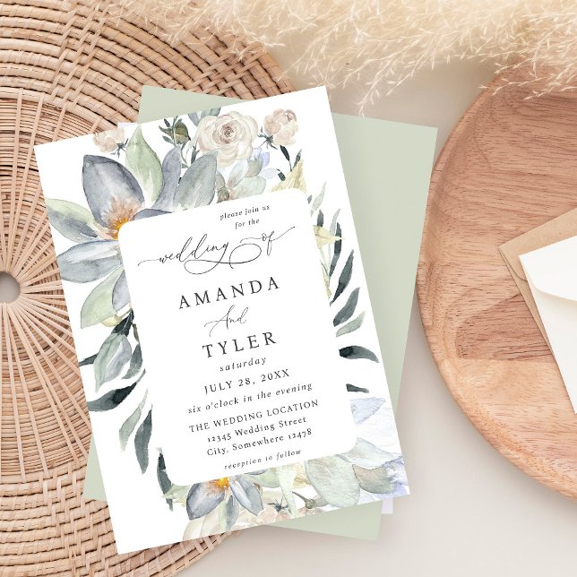 Invitation Monnaie verte & Flore blanche - Mint Mariage (Créateur téléchargé)