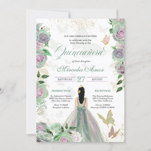Invitation Monnaie verte & Lavande Rose papillon Quinceanera