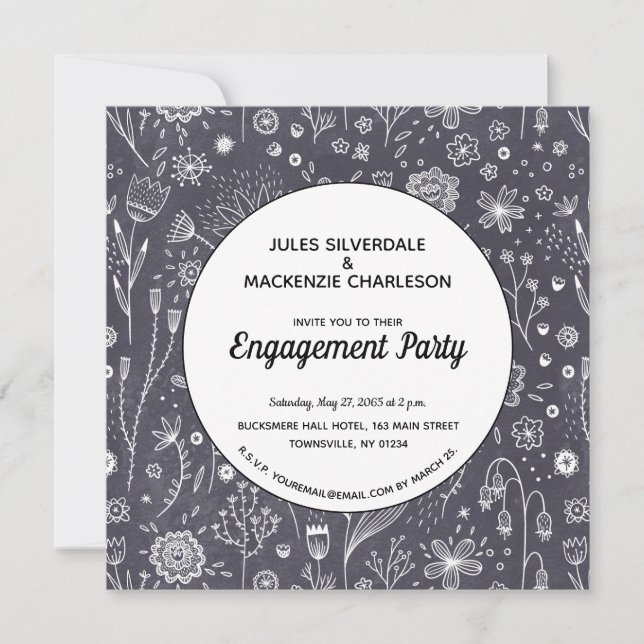 Invitation Monochrome Flower Chalkboard Moderne Fiançailles (Devant)