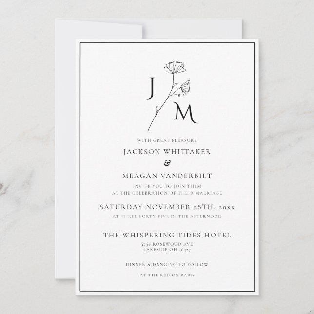 Invitation Monochrome minimaliste Élégant Mariage Monogramme (Devant)