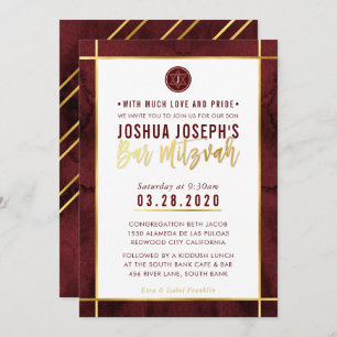 Invitation MONOGRAM BAR MITZVAH couleur or rouge foncé