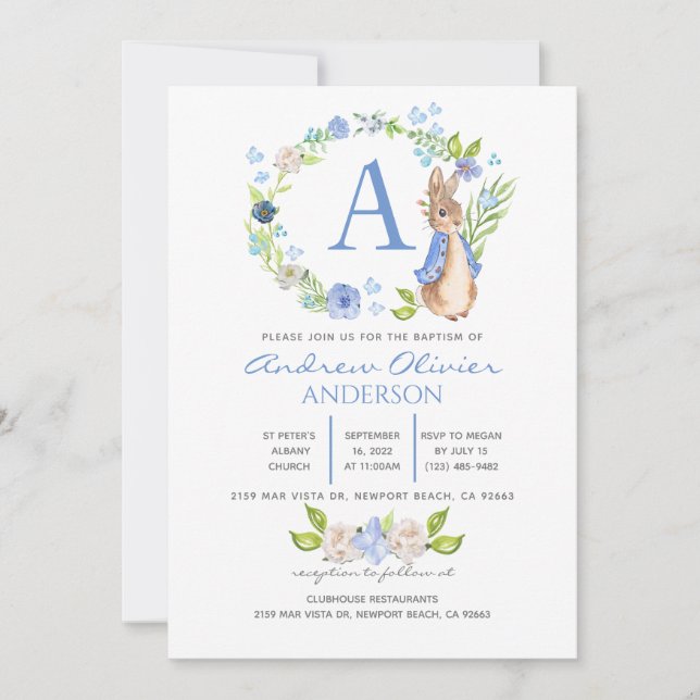 Invitation Monogram Blue Floral Peter Rabbit Baptême garçon   (Devant)