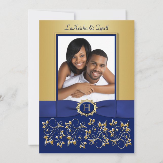 Invitation Monogram Blue, Gold Floral Photo Wedding Invitatio (Devant)