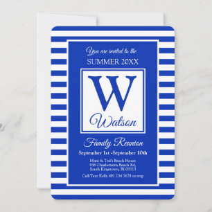 Invitation Monogram Blue Stripes Summer Family Reunion