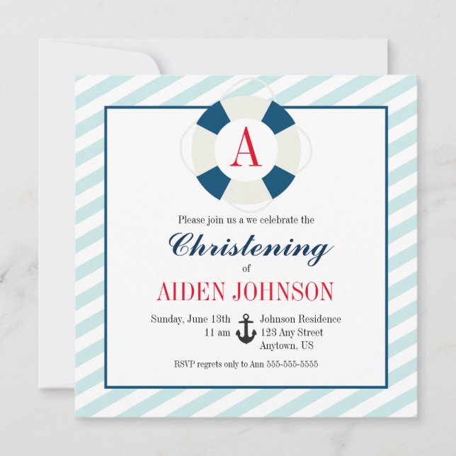Invitation Monogram Bouy Nautical Baby Boy Christening (Devant)