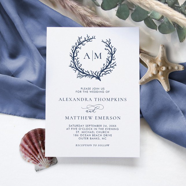Invitation Monogram Crest Coral Beach Mariage (Créateur téléchargé)