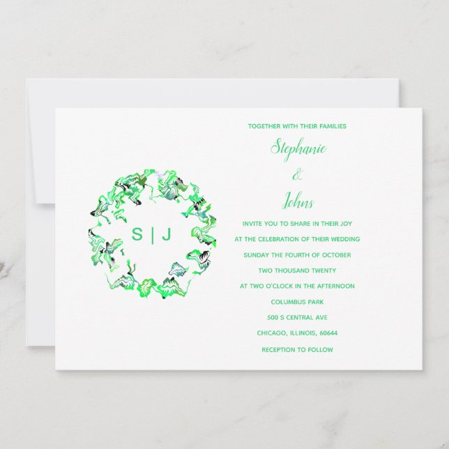 Invitation Monogram Crest Green White Simple Boho Mariage (Devant)