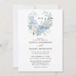 Invitation Monogram Dusty Blue & White Peonies Floral Mariage