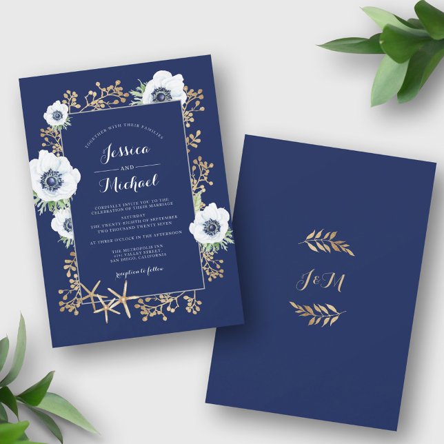 Invitation Monogram Elegant Anemone Flower Navy Blue Wedding (Créateur téléchargé)
