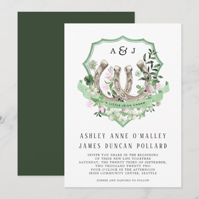 Invitation Monogram | Fleurs botaniques de trèfles à fer à ch (Devant / Derrière)