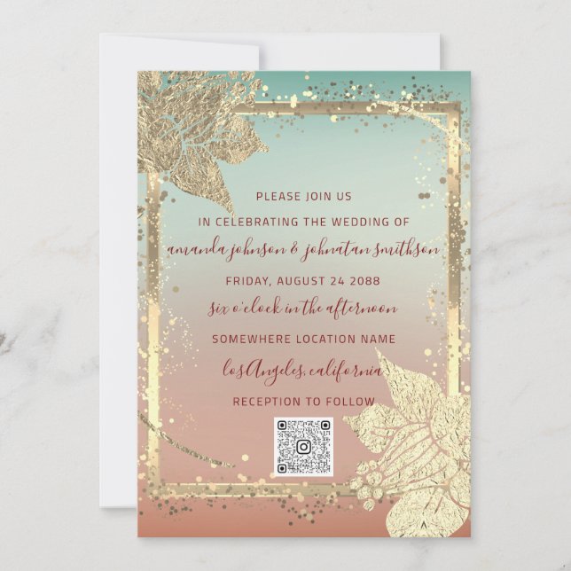 Invitation Monogram Floraux Faux Gold Frame QR Code Ombre (Devant)
