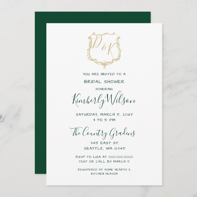 Invitation Monogram Gold Crest et Forest Green Fête des marié (Devant / Derrière)