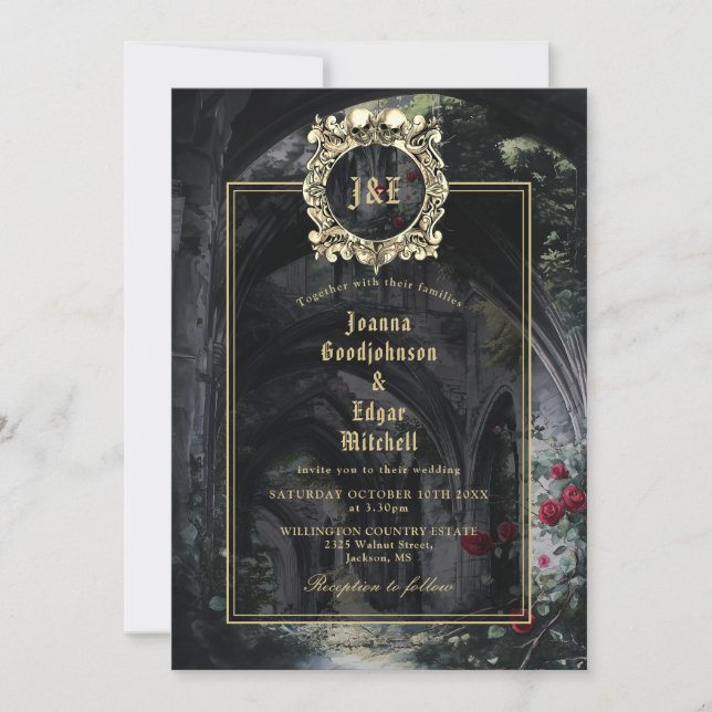 Invitation Monogram Gothic Ruins Roses Floral Wedding (Devant)