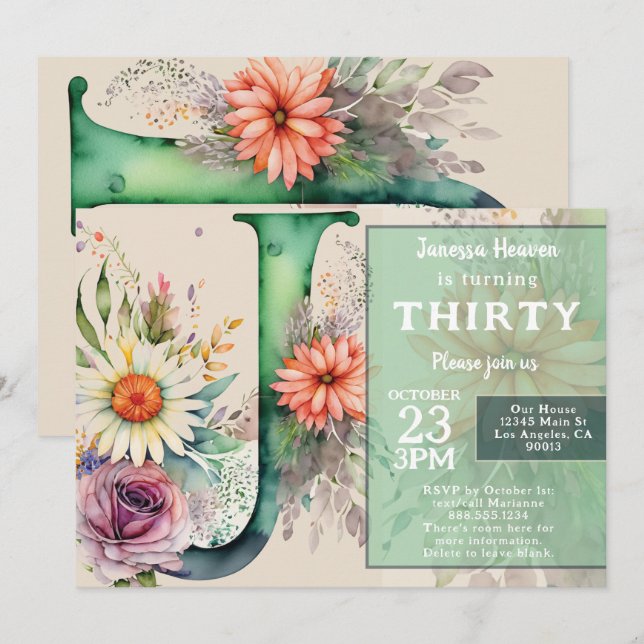 Invitation Monogram J Colorful Watercolor Flowers Birthday  (Devant / Derrière)