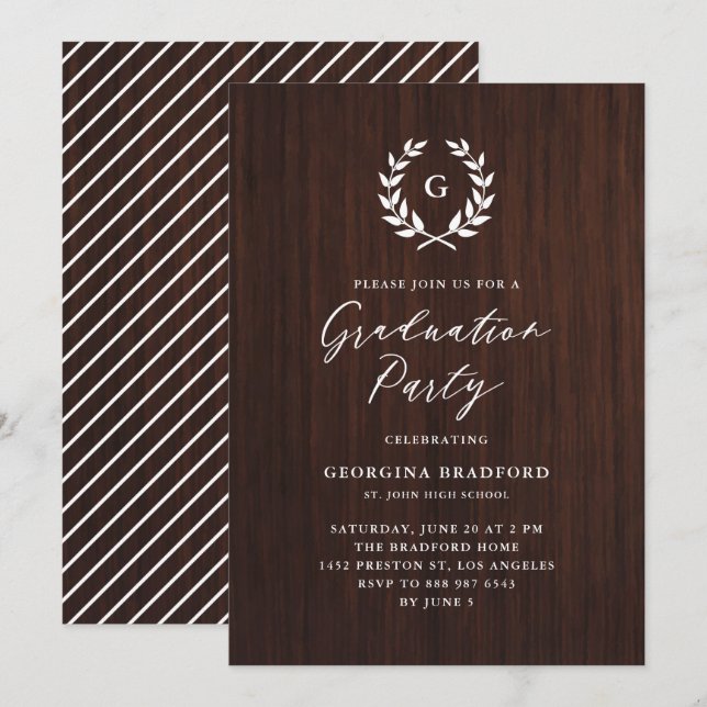 Invitation Monogram Laurel Wreath Rustic Wood Graduation (Devant / Derrière)