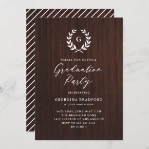 Invitation Monogram Laurel Wreath Rustic Wood Graduation