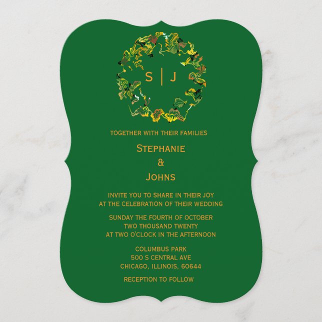 Invitation Monogram Leaf Crest Orange Forest Green Wedding (Devant)