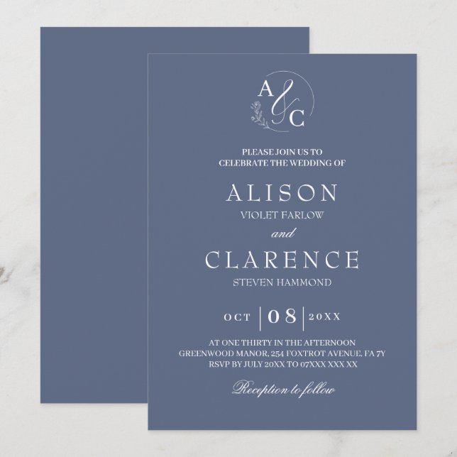 Invitation Monogram Luxury Blue Mariage (Devant / Derrière)
