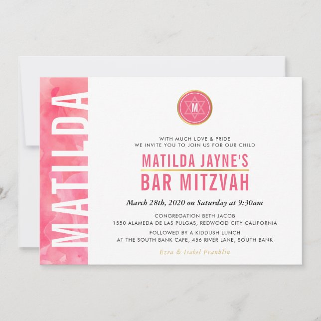Invitation MONOGRAM MODERNE BAT MITZVAH côté bar or rose (Devant)