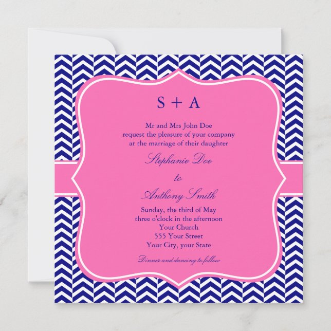 Invitation Monogram Navy Blue avec Mariage Chevron rose chaud (Devant)