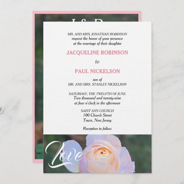 Invitation Monogram Pastel Rose Rose Love (Devant / Derrière)