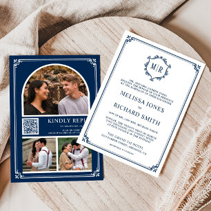 Invitation Monogram QR Code Photo Collage Navy Blue Wedding