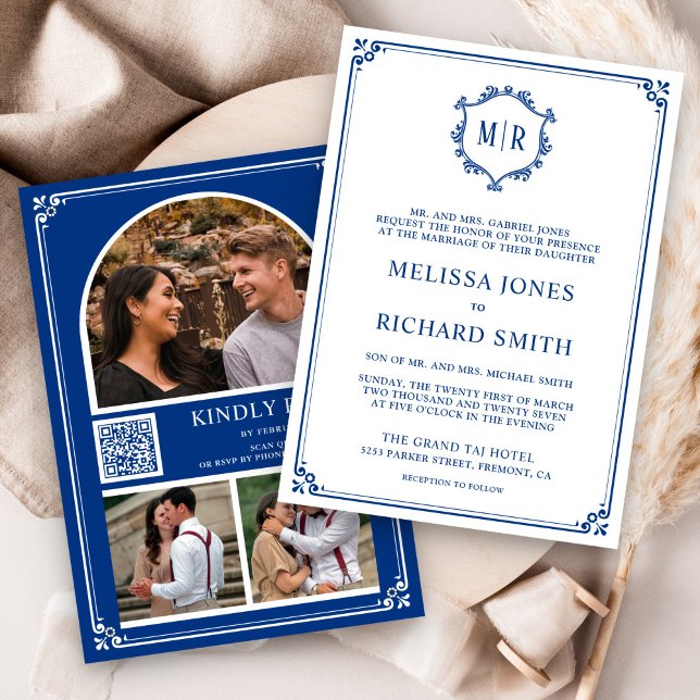 Invitation Monogram QR Code Photo Collage Royal Blue Wedding (Créateur téléchargé)