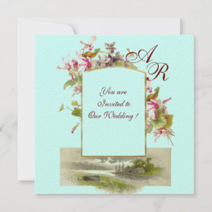 Invitation MONOGRAM ROMANTİCA /CYCLAMENS, bleu rose vert