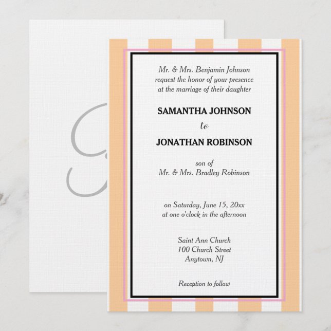 Invitation Monogram Sandy Beach Rose Blanc Rayures de Cabane (Devant / Derrière)