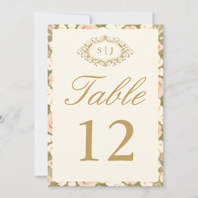 Invitation Monogram Vintage Ivory Wedding Table Number (Devant)