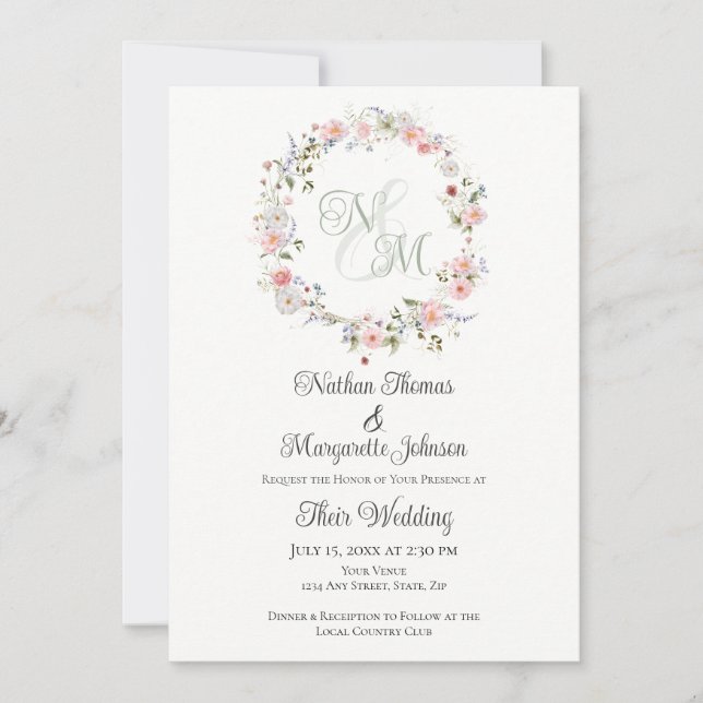 Invitation Monogram Watercolor Floral Wreath Wedding (Devant)